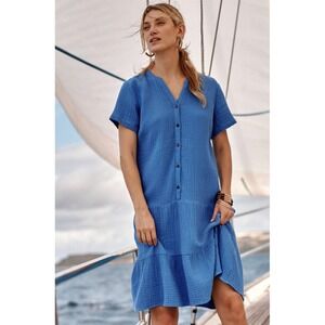J.Jill ~ XL ~ Petite Cotton-Gauze Tiered Dress ~ Cyan Blue Nautical‎ Resort